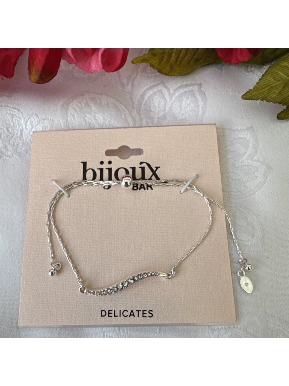 Bijoux Bar Delicates Silvertone CZ Wave Adjustable Slide Chain Link Bracelet NWT